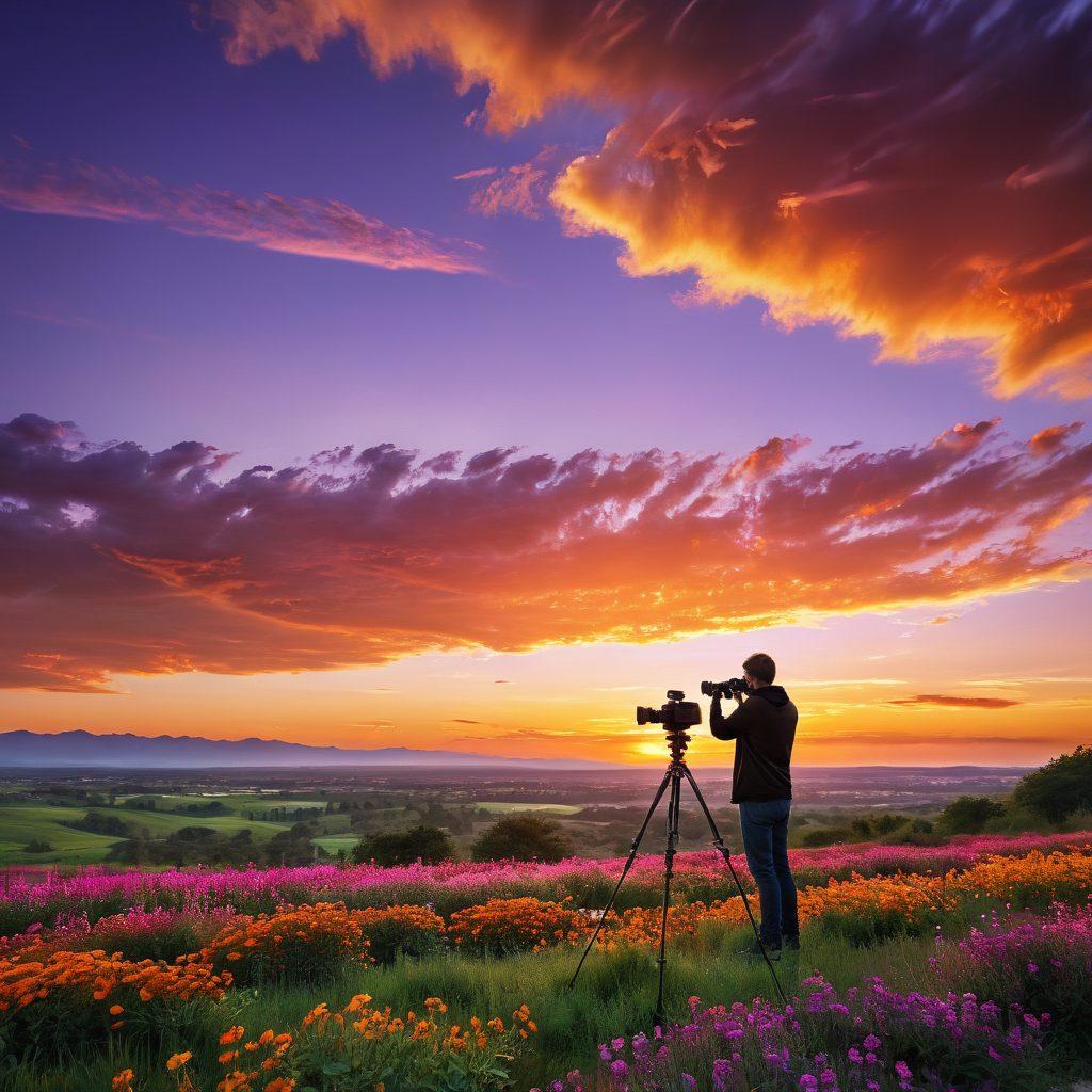 A captivating scene depicting a photographer capturing a vibrant sunset with a camera, while a videographer films with a drone above. Surround them with lush landscapes, colorful flowers, and joyful people interacting with nature. Include visual elements like photo and video equipment scattered around, emphasizing creativity and mastery. The background features a warm, glowing sky. super-realistic. vibrant colors. 3D.