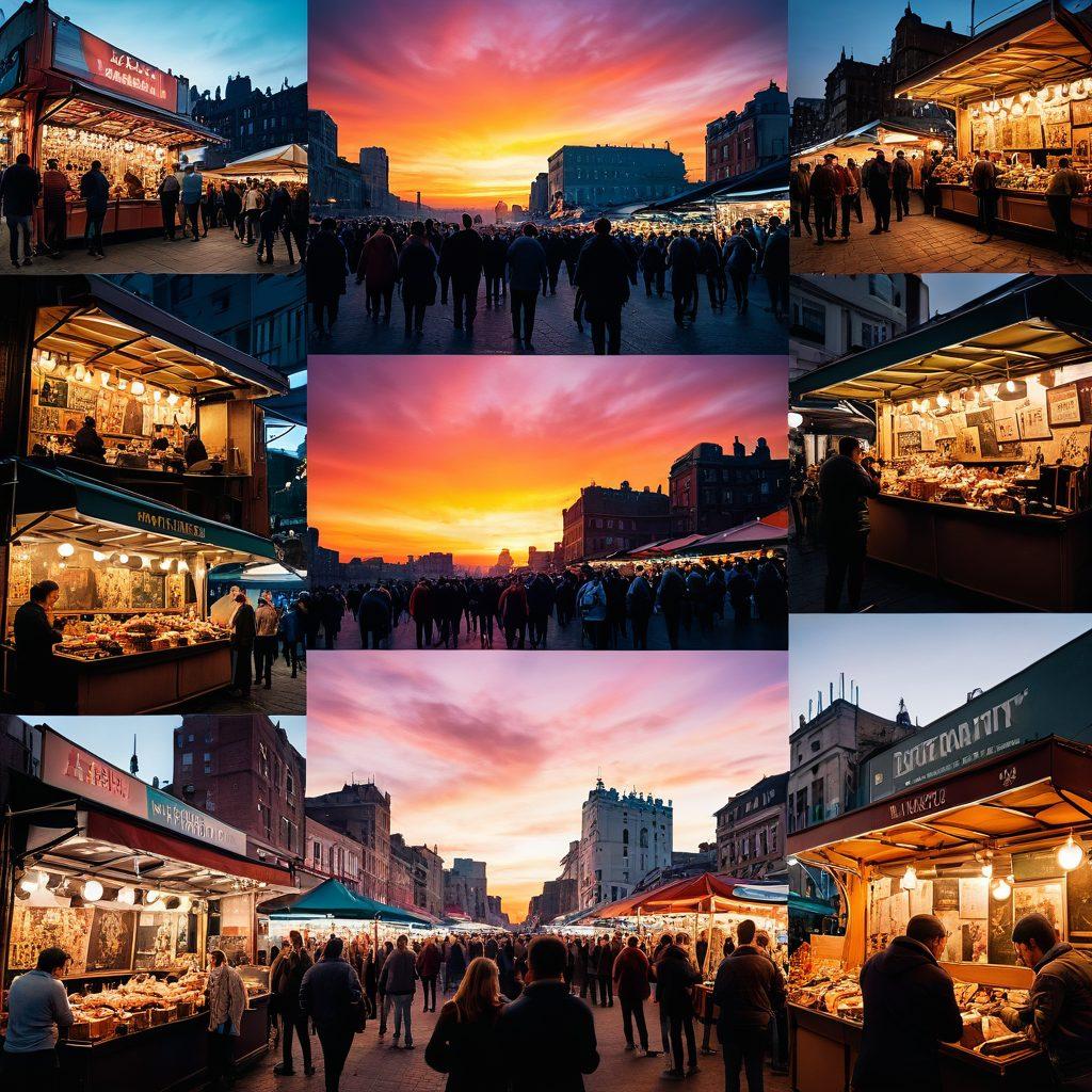 A dynamic collage showcasing a photographer capturing a poignant moment at a bustling street market, and a videographer skillfully filming a dramatic sunset over a cityscape. The background transitions subtly between vibrant colors of dusk and the lively chaos of the market. Include elements like vintage cameras, lenses, and film reels to emphasize creativity and artistry. super-realistic. vibrant colors. soft focus.