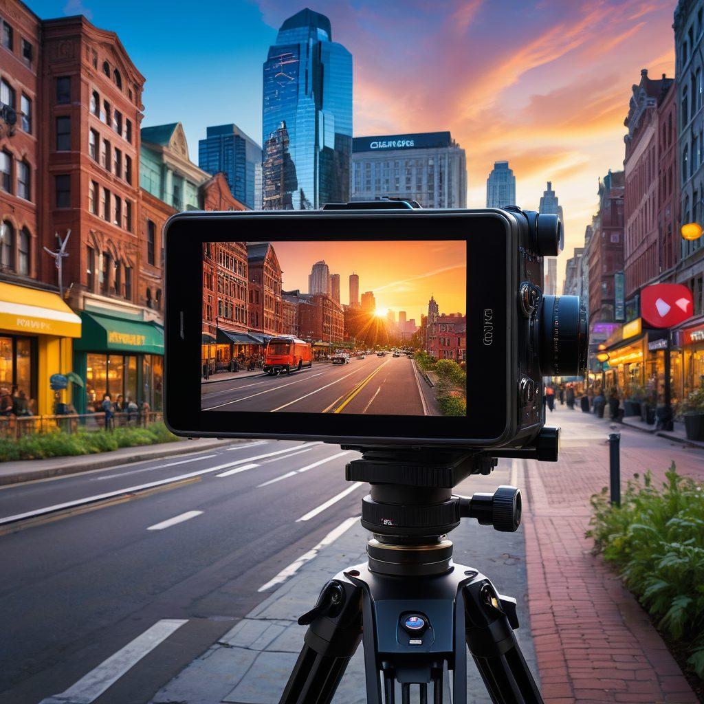 A dynamic scene featuring a photographer adjusting a high-tech camera on a tripod, with various camera gadgets scattered around. In the background, vibrant cityscapes and natural landscapes show the impact of different photography techniques. Include an overlay of technical blueprints and diagrams of camera innovations to enrich the theme. Bright and engaging colors that convey creativity and innovation. super-realistic. vibrant colors.